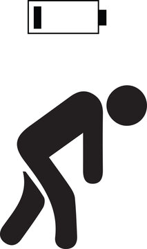 Tired exhausted stick figure man with low battery icon concept of burnout fatigue and lack of energy isolated on white background