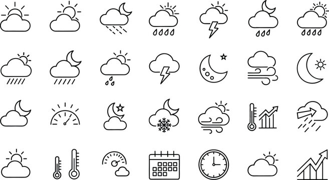 Weather forecast line icon set with clouds sun moon rain lightning thermometer calendar clock minimalist vector illustration