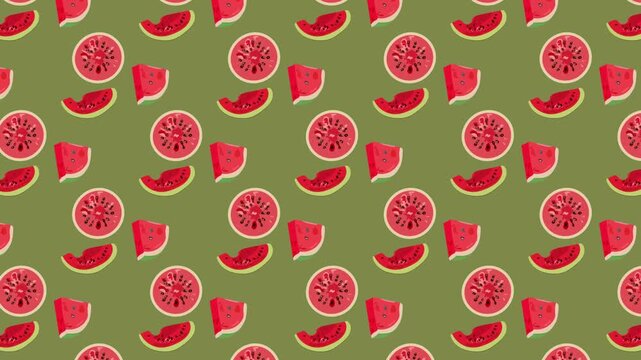 Watermelon wedges seamless pattern, red fruit stop motion animation on green background