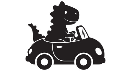 Dinosaur Driving Car Silhouette Black And White Graphic Illustration cartoon © JOHIRUL_STUDIO