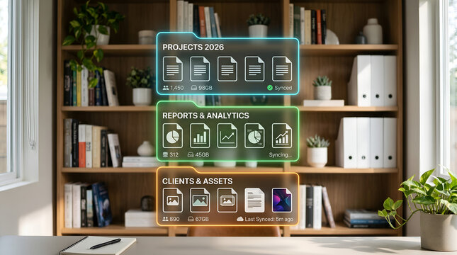 Glowing holographic digital file folders hovering above a desk with a wooden bookshelf background