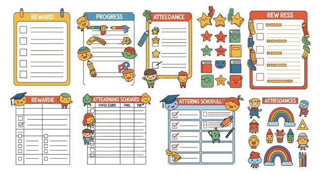 School reward and attendance charts with playful mascot characters
