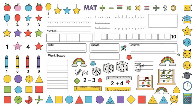 Educational math clip art set with colorful shapes and tools