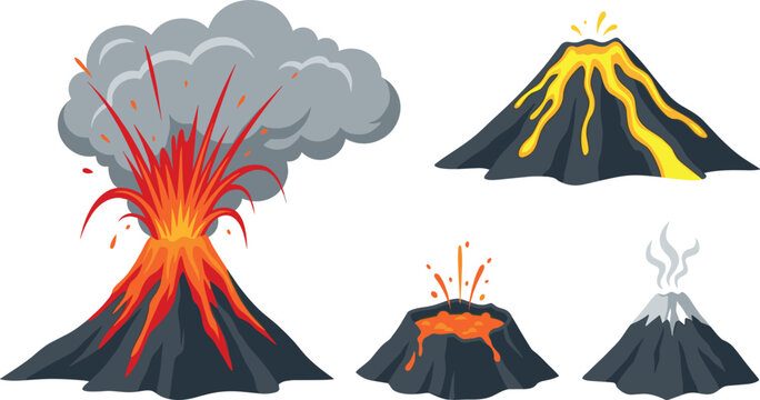 Volcano Eruption Vector Icon Set Featuring Active Volcanic Mountains with Red Hot Lava Sparks Ash Clouds and Magma Flares for Educational Graphic Designs