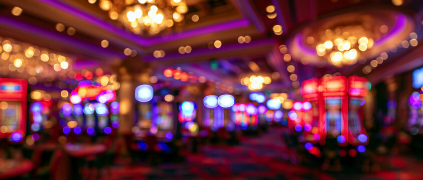 .abstract blurred casino interior background. Defocused slot machines with vibrant neon bokeh lights. Long panoramic gambling banner