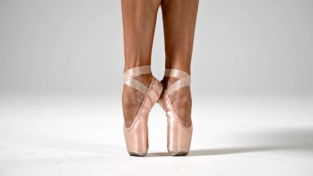 A ballerina stands on pointe in pink satin ballet shoes