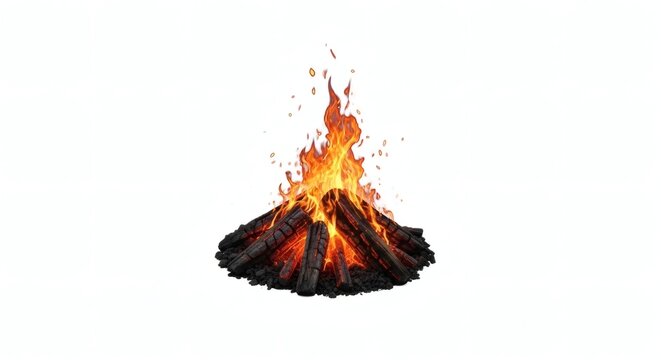 Glowing ember particles floating above burning log fire with bright flames and sparks in a minimalist white background for warmth