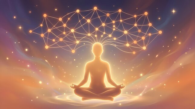 Person meditating with glowing neural network connections above head in space