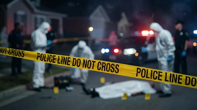 Crime scene investigation with police officers and caution tape at night.