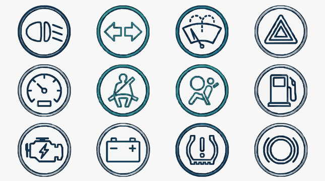 Sleek Minimalist Line Icons Set of 12 Modern Car Dashboard and Maintenance Warning Symbols in Monochrome