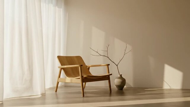 Minimalist Japandi interior room with wooden chair, dry branches in vase, and sheer curtains blowing in warm morning sunlight