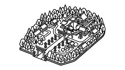 Obraz premium Isometric Illustration of a Japanese Temple Complex Surrounded by Trees.