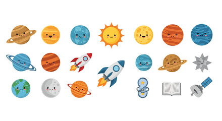 Solar system planets and space exploration icons with cute faces © herdi