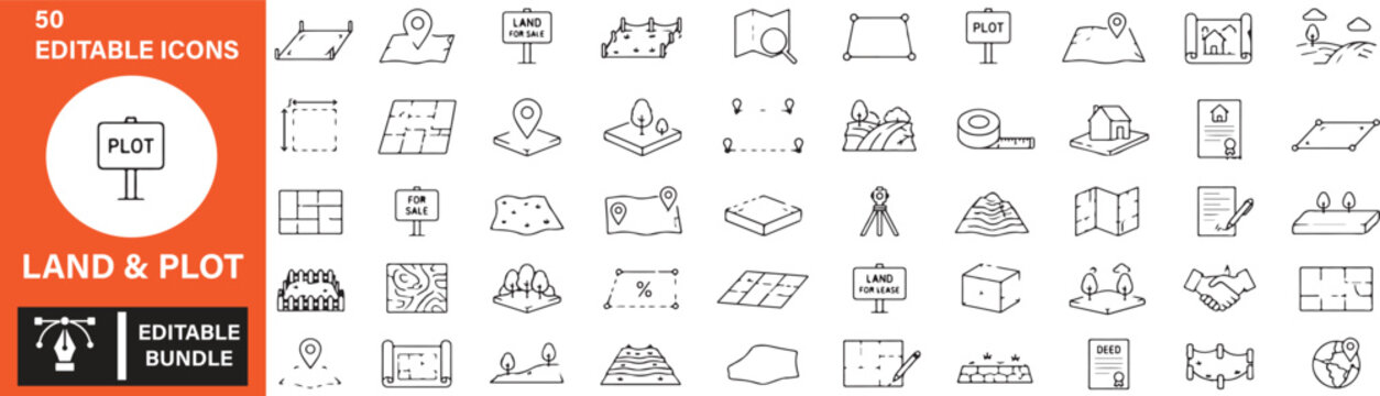 Land and Plot Line Icons Set - Real Estate Property, Survey, Map and Land Parcel Outline Vector Bundle