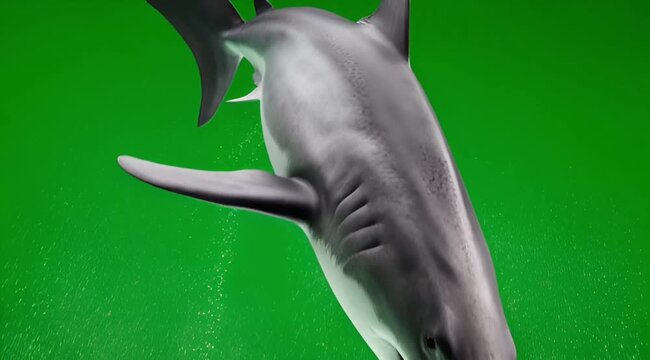 Realistic 3D Great White Shark Swimming on Green Screen - Large Marine Predator Close Up Chroma Key Animation - Dangerous Ocean Wildlife Undersea Graphic Overlay