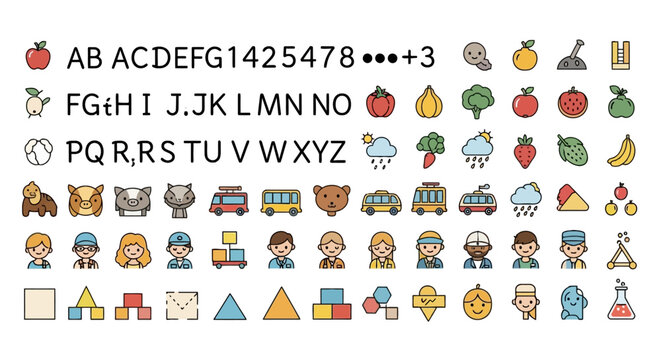 Comprehensive educational icon set for children learning