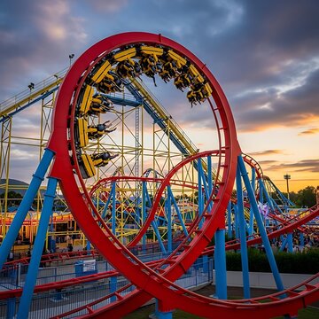 Thrilling Roller Coaster Ride at Amusement Park During Sunset.