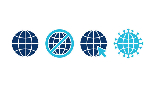 Four blue and teal globe icons with various symbols