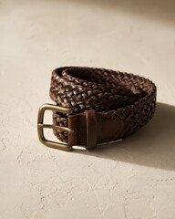 Braided leather belt in soft light professional product photo with clean styling natural light premium detail and minimal composition for clean design and advertising © Artcuboy