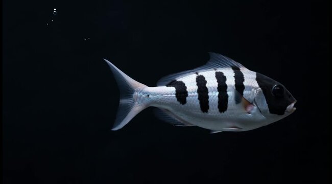 Exotic Black and White Striped Fish Swimming on Black Background - Zebra Pattern Marine Animal Close Up Underwater Footage - Tropical Aquarium Wildlife Slow Motion Element