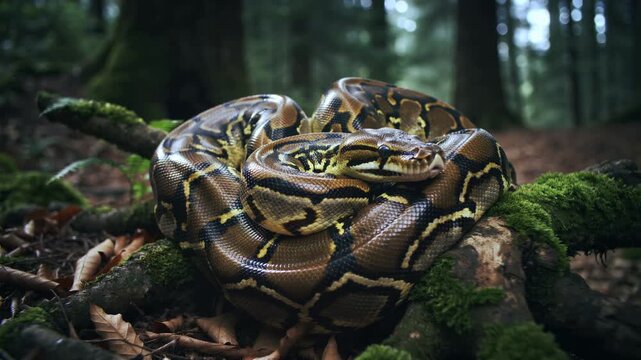 Large Python Snake Coiled Resting on Mossy Forest Log in Wild Nature