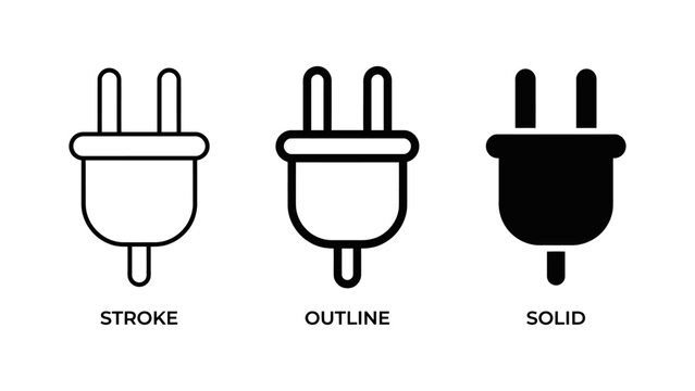 Three electrical plug icons in stroke, outline, and solid styles
