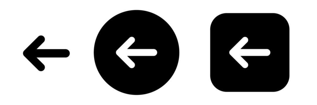 Previous button icon set with left arrow navigation symbol. Back direction and navigation icons for UI controls, menu actions, app and web interfaces