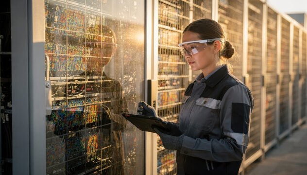 Female renewable energy technician wearing smart safety glasses inspects thermal hotspots on a modular grid battery using a tablet with gloved hand on a clear inspection panel in