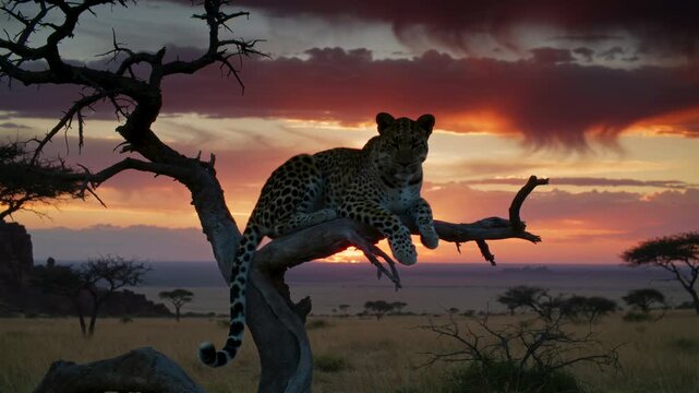 Leopard sitting on a tree branch in the African savanna at sunset