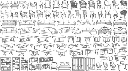 Obraz premium Detailed Furniture Sketches for Interior Design Collection Including Sofa, Chair, and Table Icons for Architectural Projects