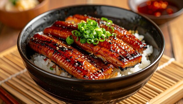Grilled eel fillets on rice bowl with green onions on a wooden mat