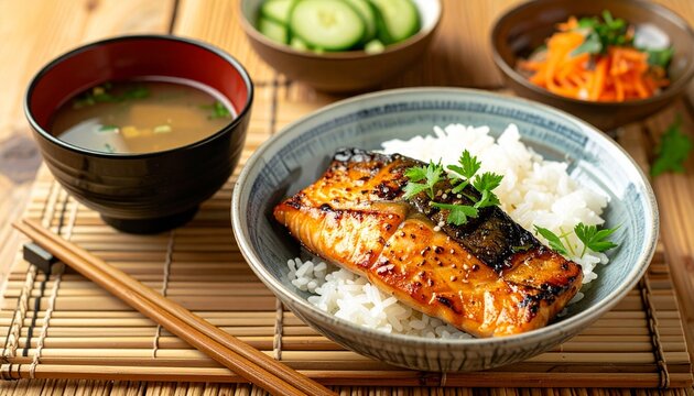 Grilled salmon fillet served on rice with miso soup and pickled vegetables.