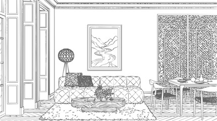 Fototapeta premium A hand-drawn living room interior sketch and architectural drawing featuring modern furniture, a cozy sofa, and a dining area for home design
