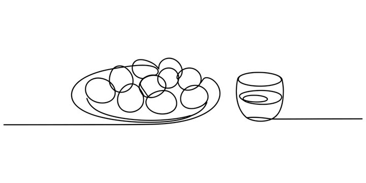 Continuous single line drawing of a plate full of fresh round cookies and a glass of milk or water for breakfast snack time in a minimalist art style design Vector, illustration