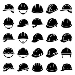 Fototapeta premium Comprehensive collection of hard hat and construction safety helmet icon symbols for industrial protection and building site security in a flat