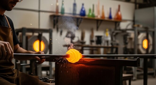 Glassblower working on molten glass
