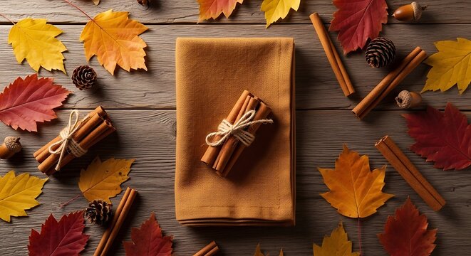 Autumn themed table setting with cinnamon sticks and colorful leaves on wooden surface