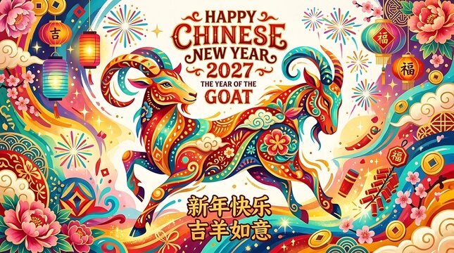 Happy Chinese New Year 2027 Year of Goat greeting card with colorful elements.