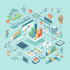 Fototapeta premium An isometric illustration showing modern medical technology and data analysis