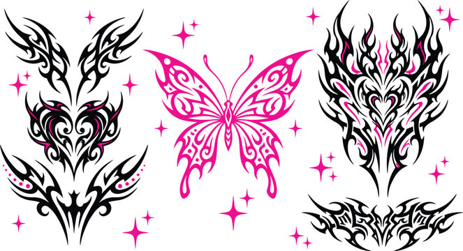 Pink and black tribal tattoo designs with butterfly illustration