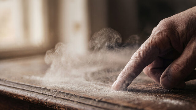  An aged finger disturbing a heavy layer of dust on a wooden surface