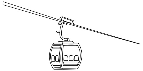 A single simple black and white line drawing of a cable car gondola hanging from a metal rope wire for mountain transportation travel and tourism icon Vector, illustration © OTP Line art