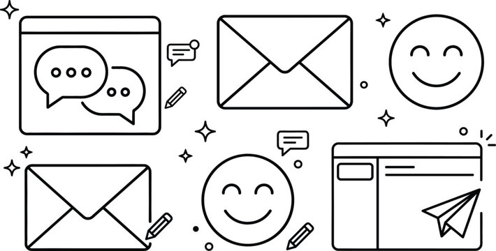 Digital communication marketing and feedback line art icon set with email envelope chat bubbles smiley face paper plane vector