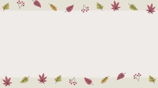 Seamless looping background animation of swinging autumn leaves and rowan berries at the top and bottom. Flat style seasonal illustration with text copy space on brown beige solid color