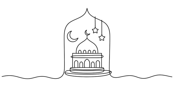 Continuous single line drawing of an islamic mosque building with moon and stars inside an arch frame for ramadan kareem celebration or religious events Vector, illustration