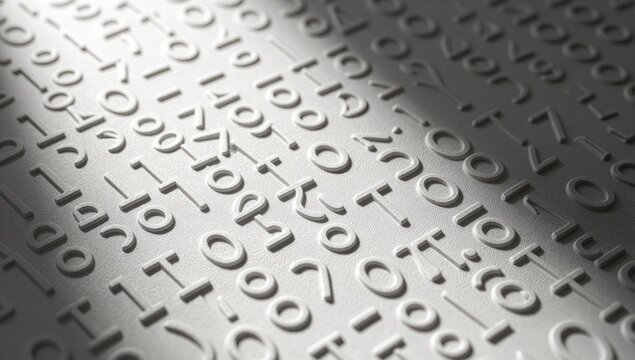 Abstract binary code pattern with zeros and ones embossed on a metallic surface in high contrast