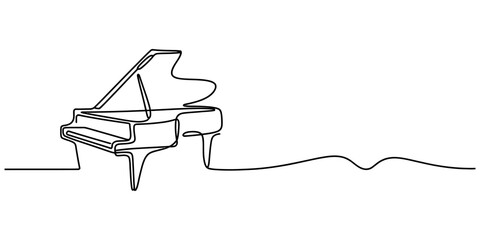 Continuous single line drawing of a grand piano musical instrument for creative design projects showing elegance and minimalist artistic style for music lovers Vector, illustration © OTP Line art