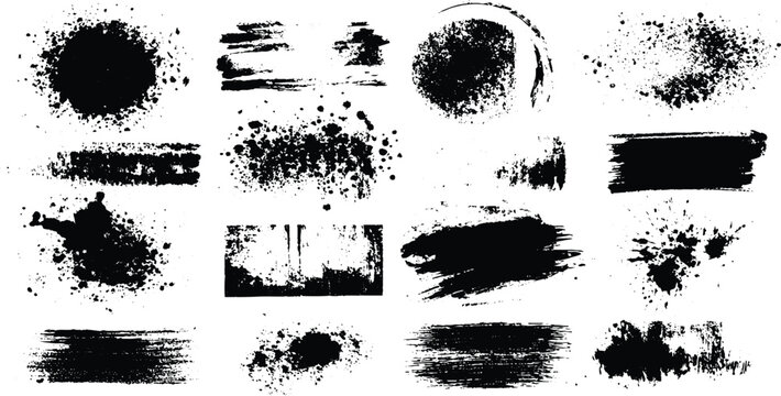 Collection of black ink brush strokes and splatters on white background . Vector grunge brush stokes. Hand drawn spray paint and ink splashes. Grunge artistic black paint stokes