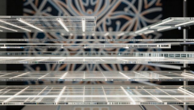 Stacked transparent acrylic glass sheets in a modern architectural studio with geometric background