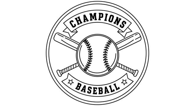 Baseball emblem with crossed bats and ball vintage line art illustration